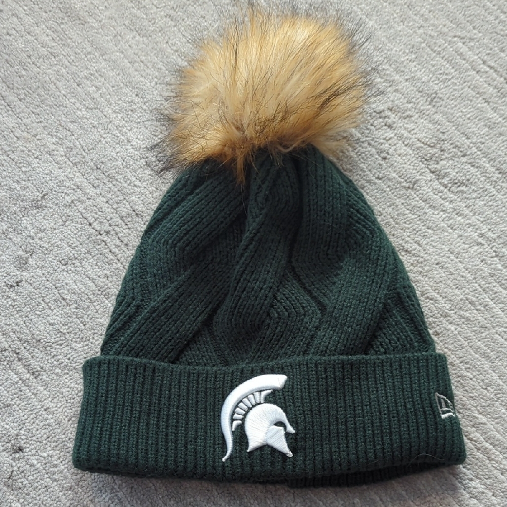 New Era Green Knit Beanie with Pom
